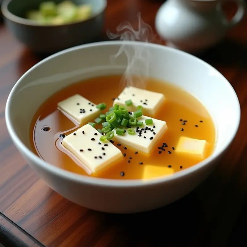 Cuenco de cerámica blanca con Miso Soup humeante, tofu sedoso en cubos, algodón de mar hidratado, semillas de sésamo negro y cebollino picado, sobre fondo de madera oscura.