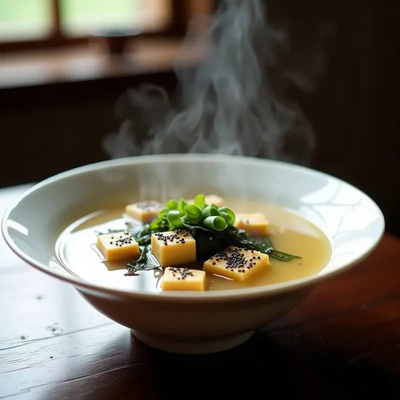 Cuenco de cerámica blanca con Miso Soup humeante, tofu dorado marinado en jengibre, wakame verde oscuro y decoración de alga nori en tiras, semillas de sésamo negro y cebollino picado. Fondo minimalista con luz natural resaltando los colores vibrantes de la sopa japonesa vegana y sin gluten.