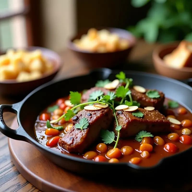 Plato tradicional tunecino de mitieba de cordero con especias bereberes, servido en una sartén de hierro con cilantro fresco, menta y almendras tostadas espolvoreadas. El cordero está tierno y bañado en una salsa espesa y aromática, con trozos de cebolla y tomate visibles.
