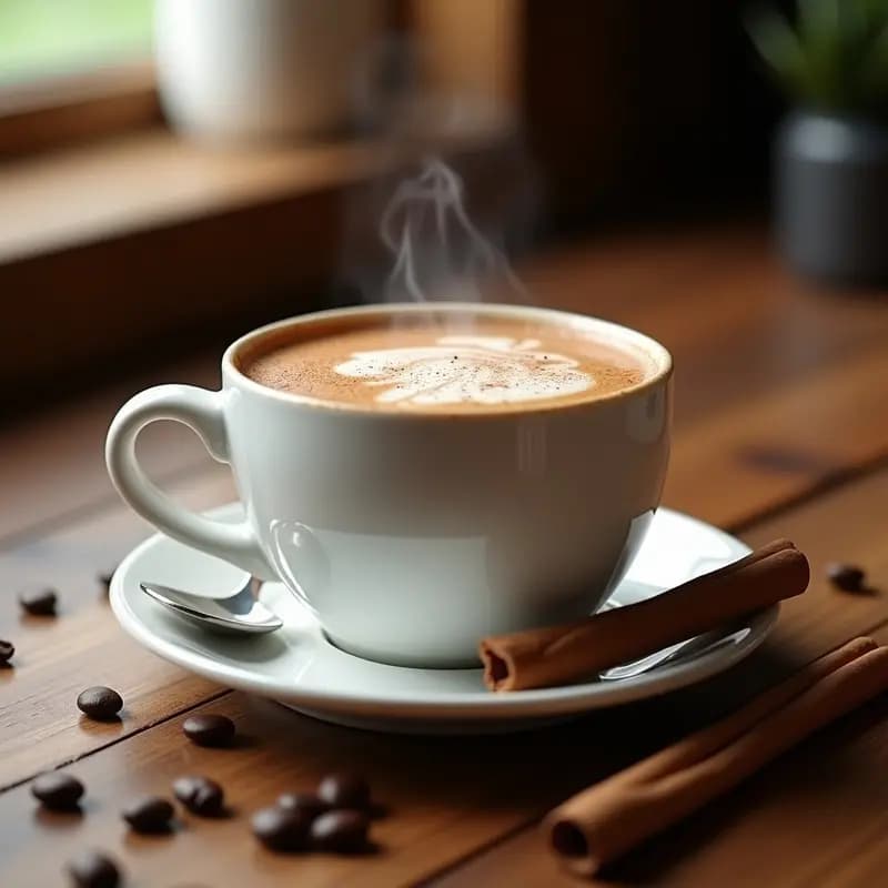 Taza de porcelana blanca con Mochaccino Proteico con Leche de Vaca y Canela, espuma cremosa en la superficie y un ligero espolvoreado de canela en polvo, sobre una mesa de madera rústica con granos de café esparcidos y una cucharilla de plata.