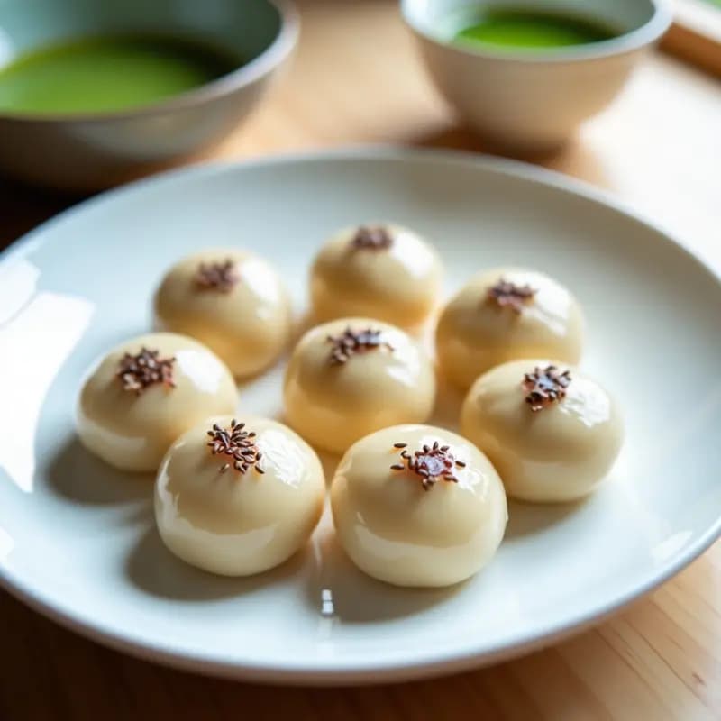 Plato blanco con mochis japoneses rellenos de anko, de color blanco nacarado con semillas de sésamo negro por encima. Al fondo, una taza de té verde y una cuchara de madera con pasta de judías rojas anko. Ambiente tradicional japonés con luz natural suave.