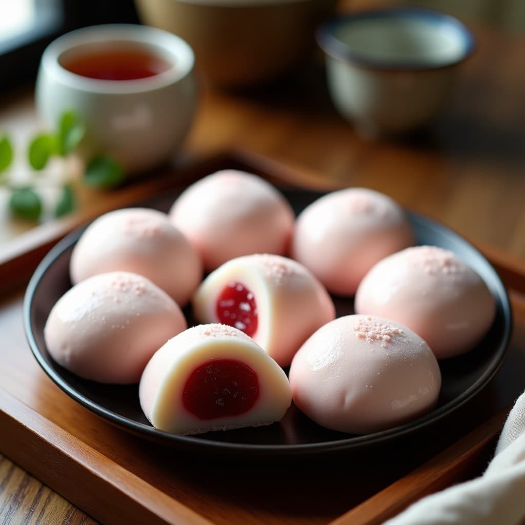Mochi japonés tradicional de arroz glutinoso relleno de pasta de judías rojas anko, con textura esponjosa y superficie espolvoreada con maicena, servido en bandeja de bambú.