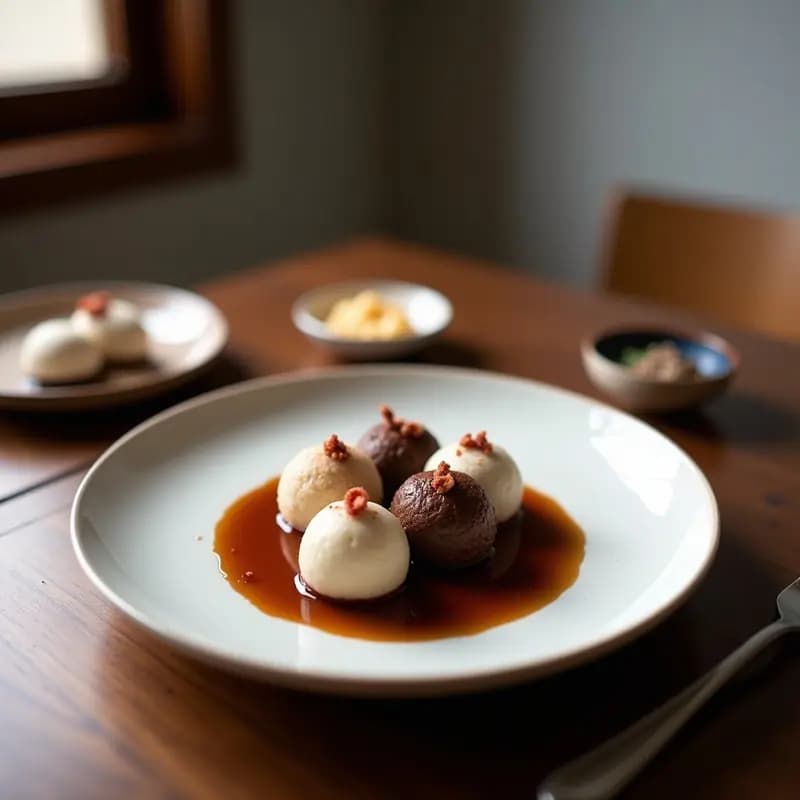 Mochi de cacao y avellanas keto en plato negro, con textura esponjosa y relleno cremoso, espolvoreado con avellanas picadas y cacao en polvo, postre japonés sin gluten.