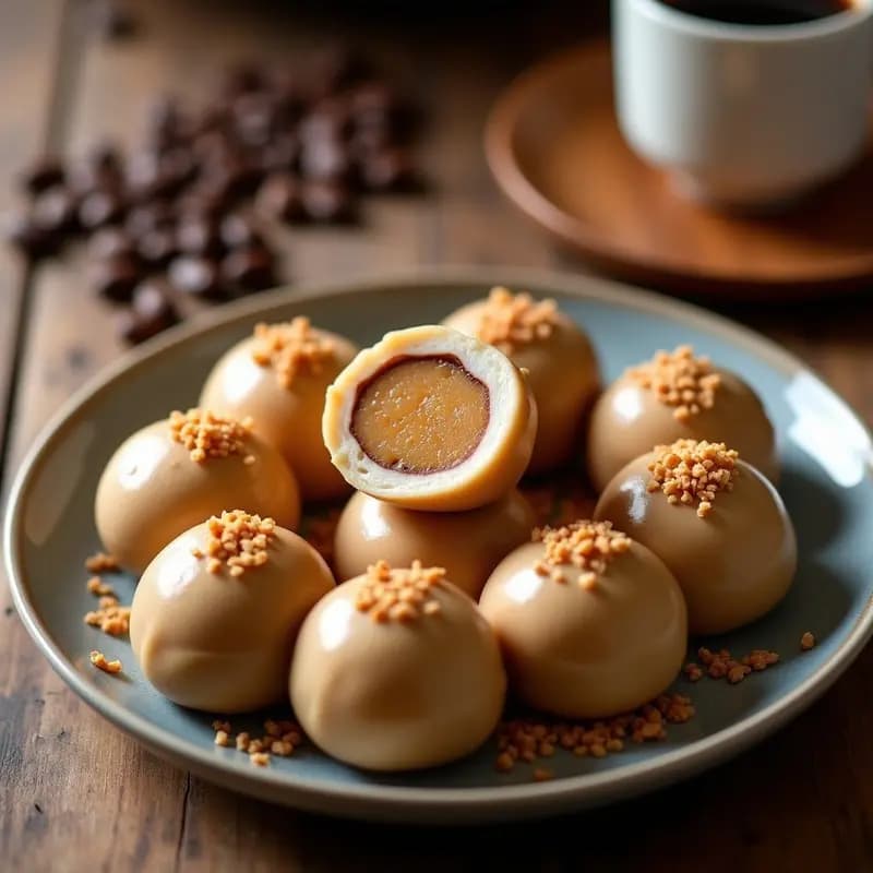 Mochi japonés energético de café y cacahuete en un tupper transparente, con textura brillante y relleno cremoso visible. Decorado con cacahuetes picados y espolvoreado con almidón de maíz.