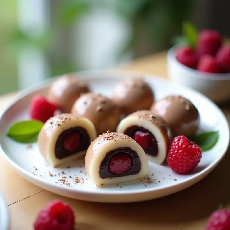 Plato blanco con 6 mochis veganos de chocolate y frambuesas, con textura brillante y relleno visible, sobre fondo de madera clara y hojas de menta.