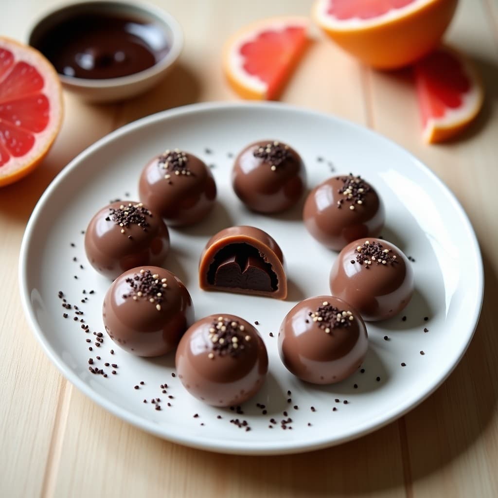 Plato blanco con 8 unidades de mochi de chocolate negro y pomelo, postre japonés vegano sin azúcar, con semillas de sésamo negro espolvoreadas y trozos de chocolate visible en el interior, sobre fondo de madera clara.