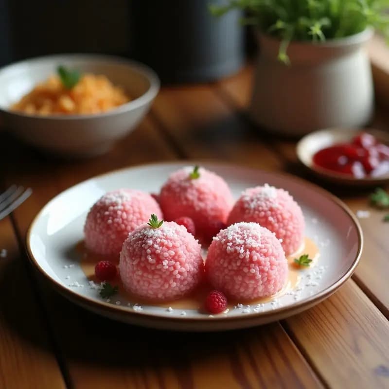 Plato blanco con 8 mochis de color rosa claro rellenos de frambuesa y coco, decorados con crema de coco batida y coco rallado, sobre un fondo de madera rústica. Postre japonés low carb.