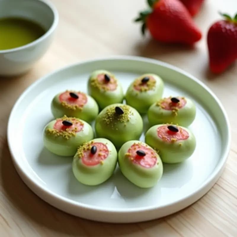 Plato blanco con mochis japoneses de fresa y matcha, de color verde pálido con vetas rosadas, rellenos visibles de fresas troceadas. Decorados con semillas de sésamo negro y espolvoreados con matcha en polvo, sobre fondo de madera clara.