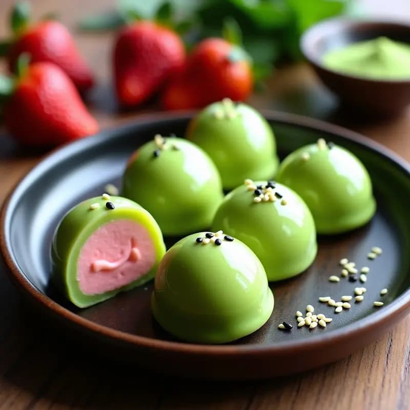 Mochi japonés de fresa y matcha dispuestos en una bandeja de madera oscura, con su textura elástica y brillante, rellenos de crema de coco y fresa, espolvoreados con semillas de sésamo negro. Postre tradicional japonés saludable.