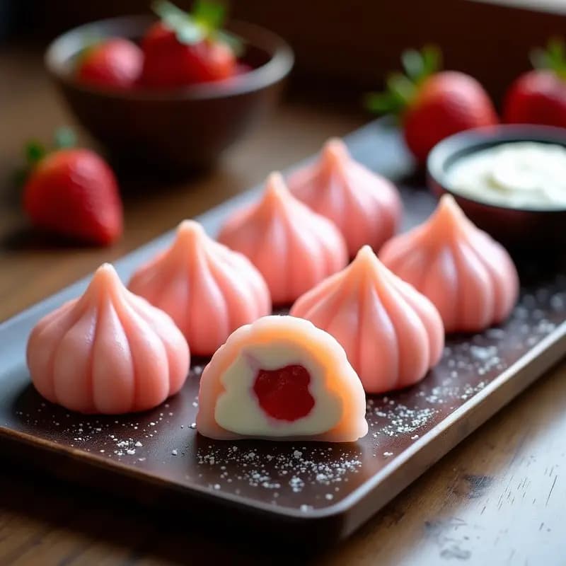 Mochis japoneses veganos de fresa y queso crema vegano sobre una bandeja de madera, con textura masticable y brillo natural, rellenos visibles de crema rosada y trozos de fresa fresca.