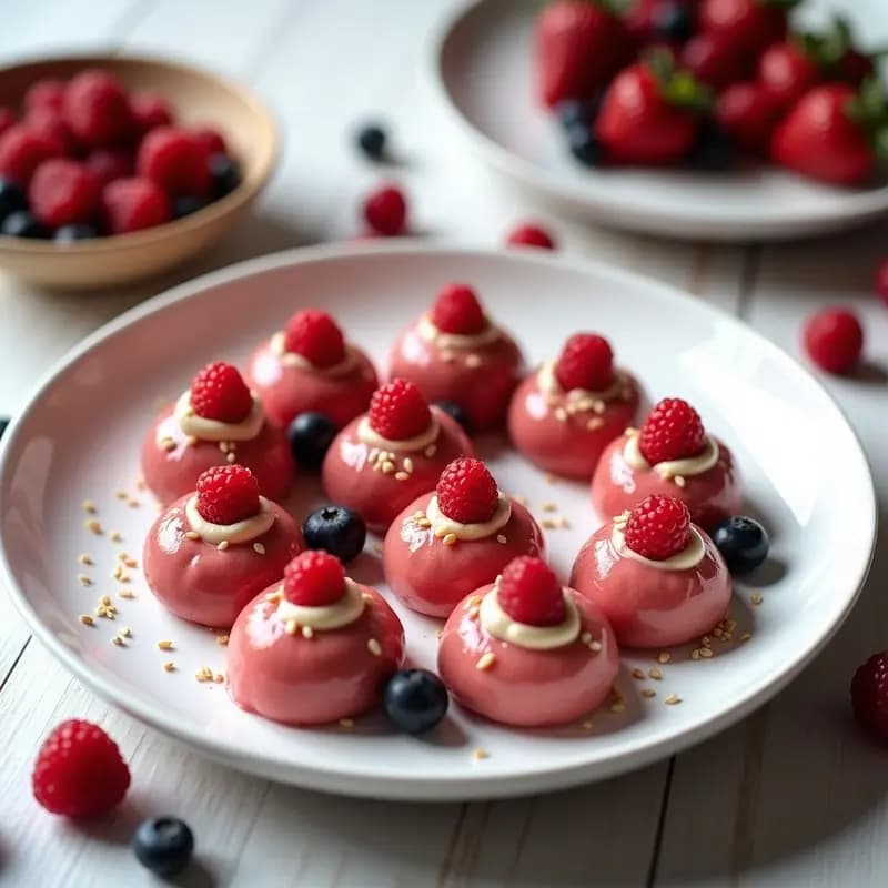 Plato blanco con 8 mochis de color blanco nacarado, rellenos de queso crema vegano y frutos rojos, decorados con semillas de sésamo tostado y frambuesas frescas. Postre japonés moderno y elegante.