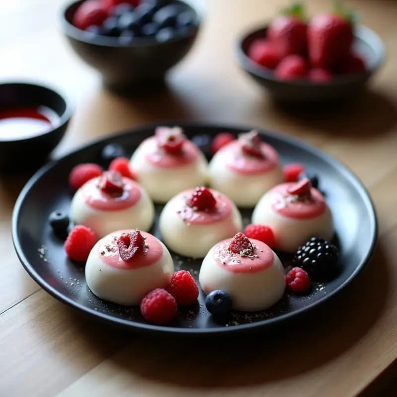 Mochi japonés de color blanco perla con relleno cremoso de queso mascarpone y compota de frutos rojos, decorado con arándanos y frambuesas frescas sobre un plato minimalista de cerámica negra.