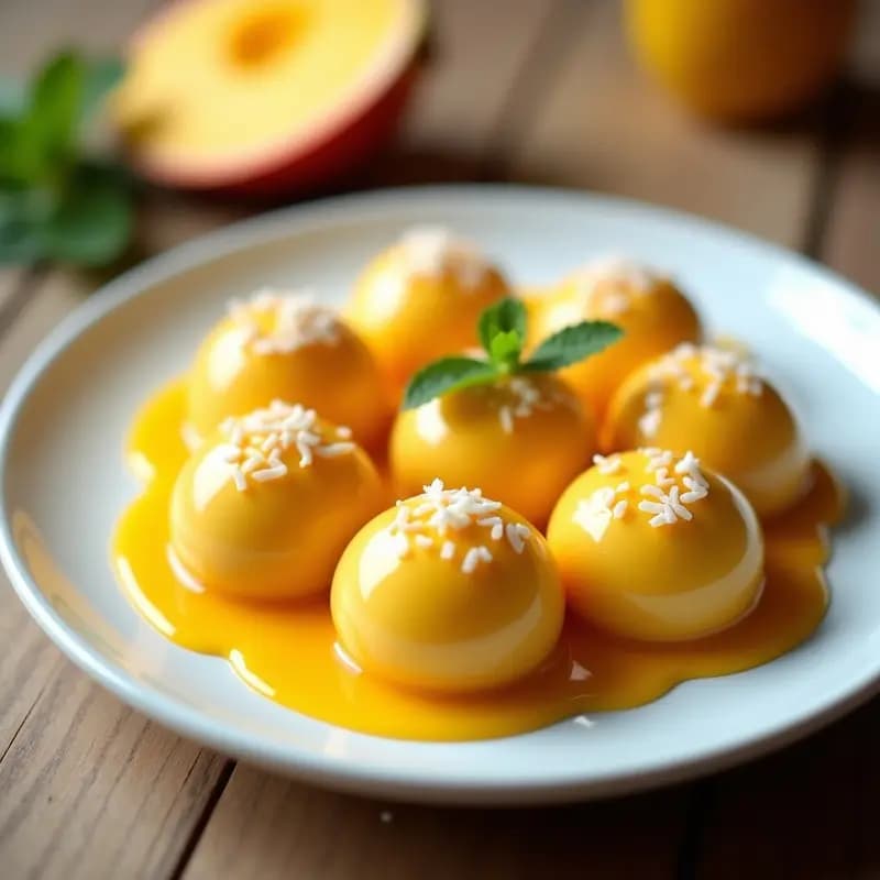 Plato blanco con mochis de mango y chía bañados en coco rallado, acompañados de salsa de maracuyá dorada en un bol pequeño. Postre japonés-hawaiano sin horno con textura suave y color vibrante.