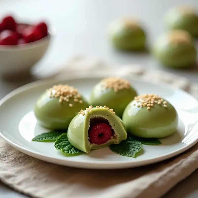 Plato blanco con 4 mochis de color verde pálido, rellenos de arándanos rojos, espolvoreados con semillas de sésamo y colocados sobre hojas de menta. Postre japonés antioxidante y sin azúcar.