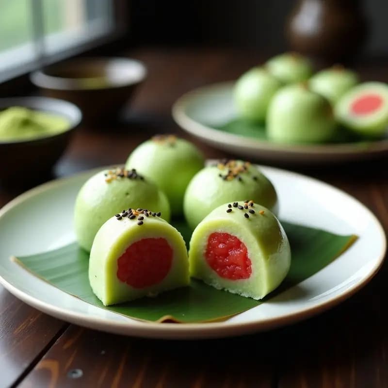 Plato blanco con mochis japoneses de matcha y frijol rojo, cortados por la mitad para mostrar el relleno cremoso de anko, espolvoreados con té verde matcha y servidos sobre papel de horno.