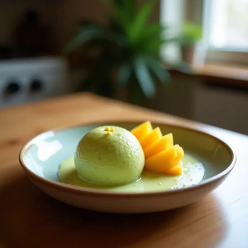 Mochi de matcha y mango en una bandeja de madera oscura, con textura brillante y relleno visible de mango amarillo, espolvoreado con matcha en polvo verde. Postre japonés sin horno y rico en antioxidantes.