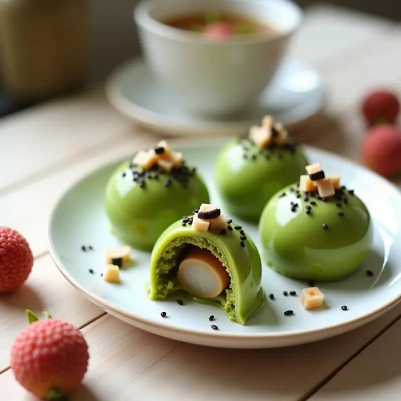 Plato blanco con mochi de matcha verde esmeralda glaseado con jarabe brillante de refresco de lichi, decorado con semillas de sésamo negro y trocitos de lichi fresco, sobre fondo de madera clara.