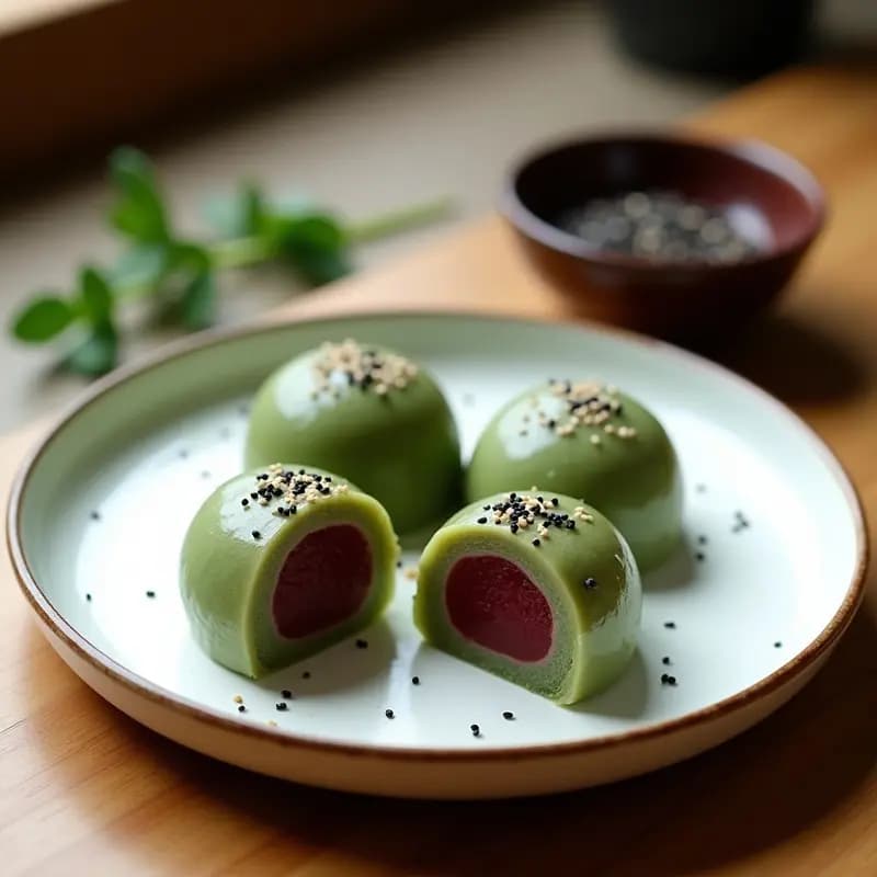 Plato blanco rústico con mochi de mugwort y sésamo negro relleno de anko, cortado por la mitad para mostrar el interior cremoso. Decorado con semillas de sésamo negro y hojas de mugwort frescas al lado.