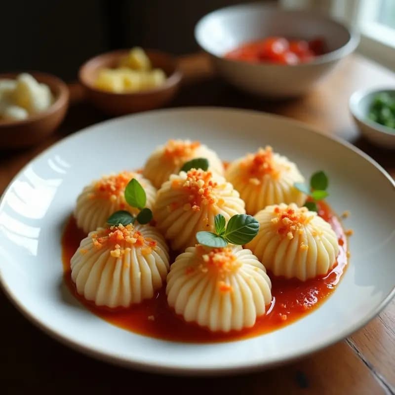 Mochi japonés de alta cocina con relleno de pasta de judías rojas (anko) y hojitas de oro comestibles, servido en plato de cerámica negra con fondo desenfocado.