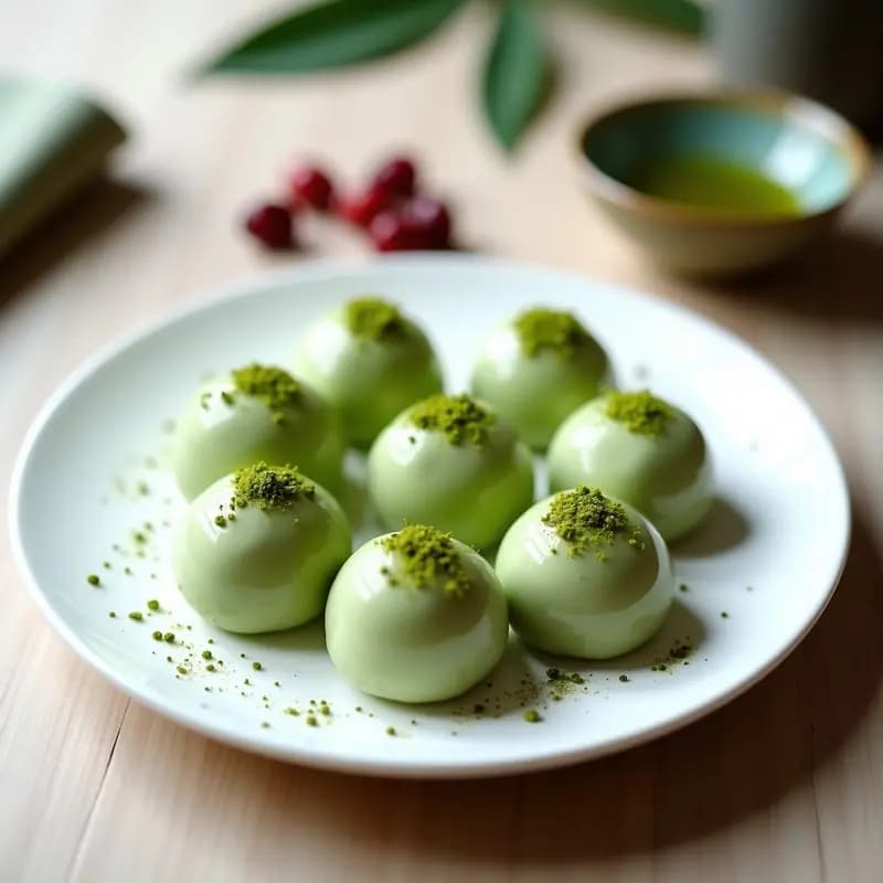 Plato blanco con 8 mochis redondos de color verde pálido, rellenos de arándanos deshidratados, espolvoreados con almidón de maíz y decorados con un toque de té verde matcha en polvo. Fondo minimalista con hojas de té y arándanos sueltos.