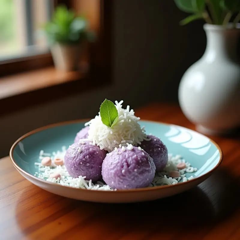 Mochi filipino de ube y coco rallado sin azúcar, con harina de almendra, servido en plato blanco sobre fondo de madera oscura. Bolas moradas cubiertas de coco blanco, con textura suave y brillo natural.