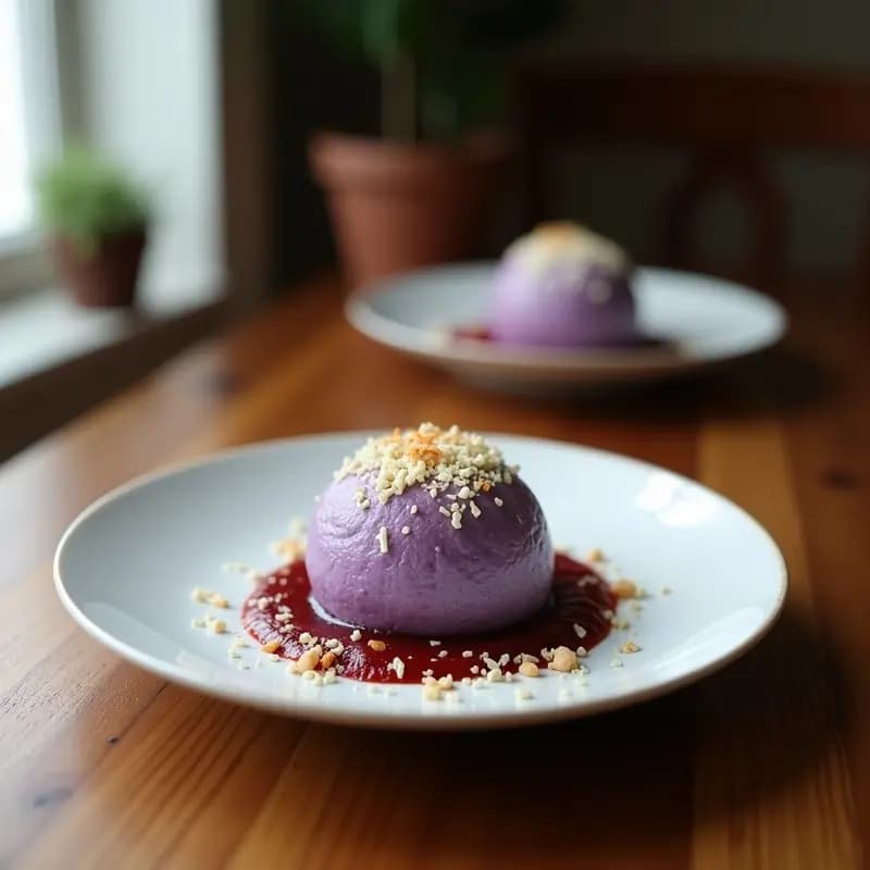 Plato blanco con 8 mochis de color morado intenso cubiertos de coco rallado blanco, dispuestos en círculo sobre una hoja de plátano. Textura brillante y elástica, con un fondo de ingredientes: ube morado, coco rallado y harina de arroz. Postre filipino sin gluten y vegano.