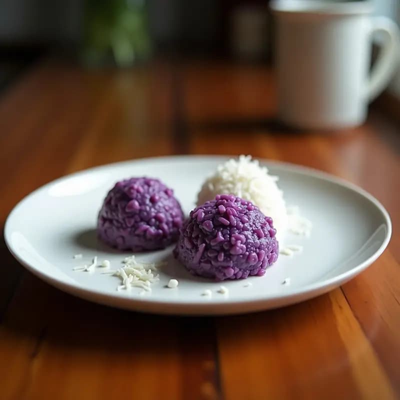 Plato blanco con mochis morados de ube y coco rallado apilados, textura brillante y esponjosa, decorados con coco rallado por encima. Postre japonés vegano sin gluten.