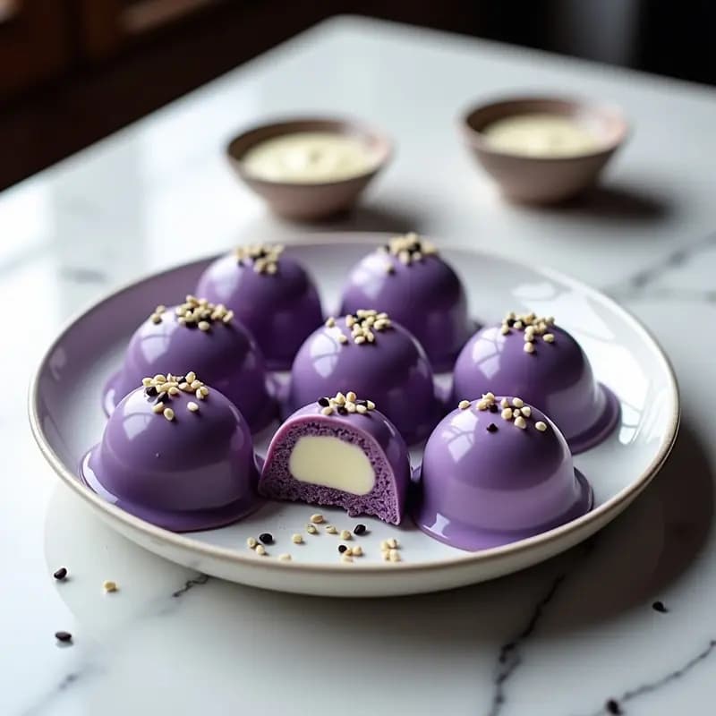 Mochi de Ube y Queso Crema con Cobertura de Chocolate Blanco: Postre Filipino Vegano