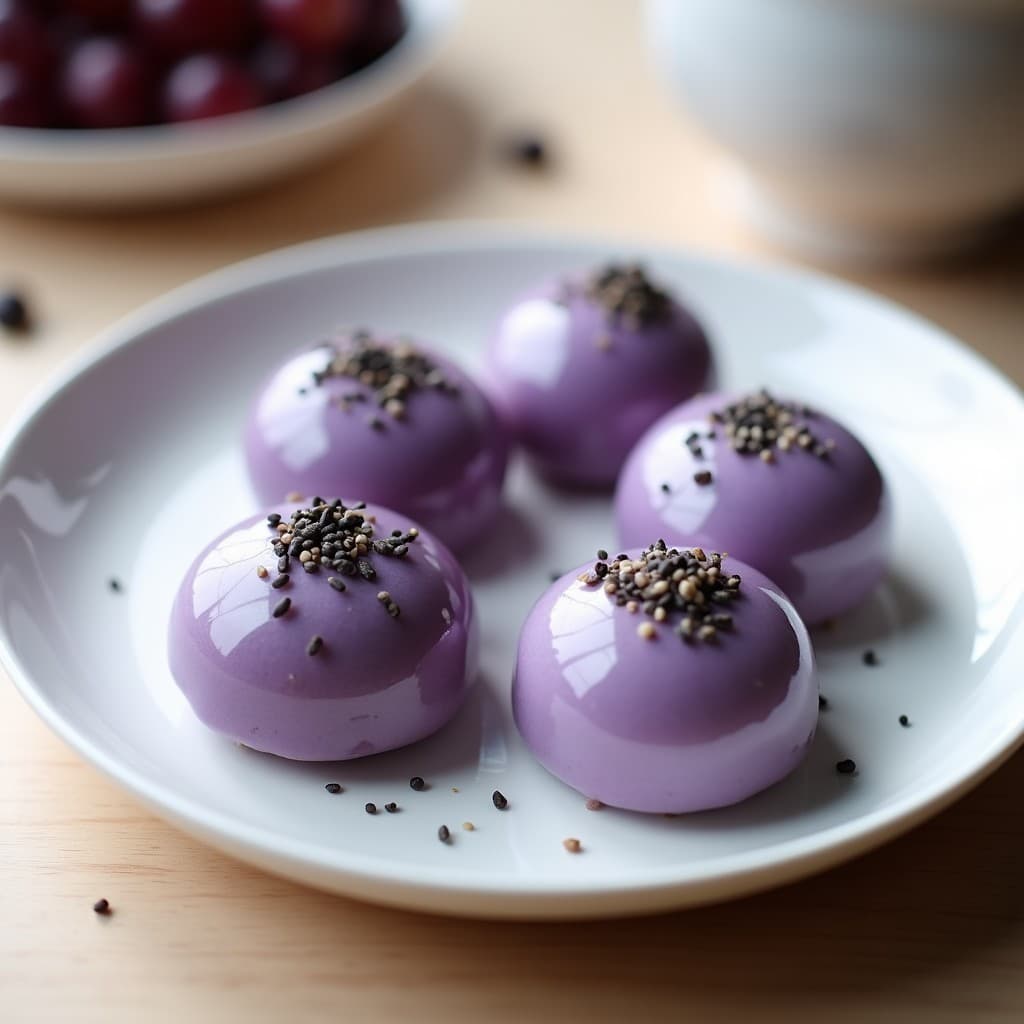 Plato blanco minimalista con seis mochis veganos de color morado oscuro, decorados con semillas de sésamo negro y chía, sobre un fondo de madera clara. Postre japonés saludable y sin horno.