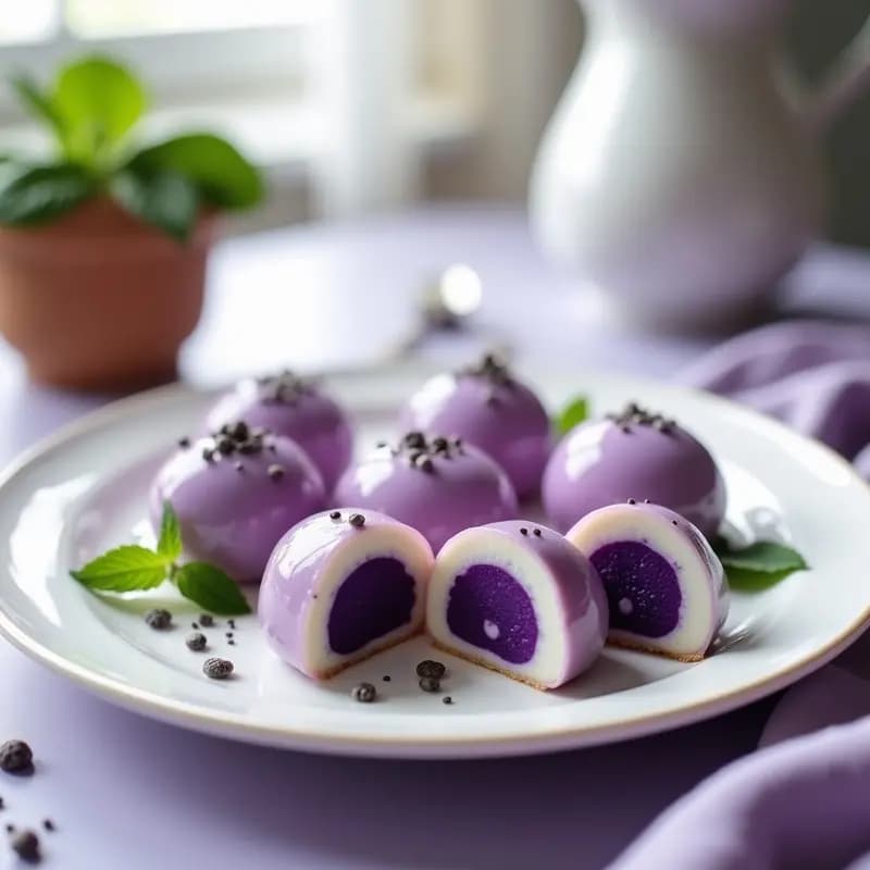 Mochi de uva y queso crema vegano con gelatina de agar-agar, postre japonés sin gluten, en una fuente blanca con decoración de semillas de chía y hojas de menta.