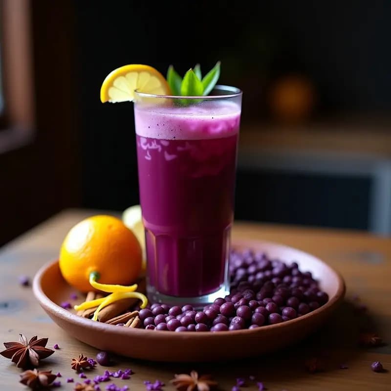 Vaso alto de cerámica con mochica o maicillo peruano, bebida violeta intensa de maíz morado, decorado con hoja de hierbabuena y rodaja de limón, sobre fondo rústico de madera con granos de maíz morado y especias alrededor.