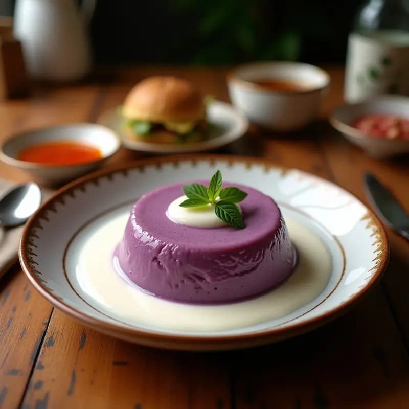 Vaso alto de cristal con Mochica de Maíz Morado con Leche de Coco, bebida peruana antioxidante de color morado intenso, decorada con almendras fileteadas y semillas de chía, servida con hielo y fondo rústico de madera.