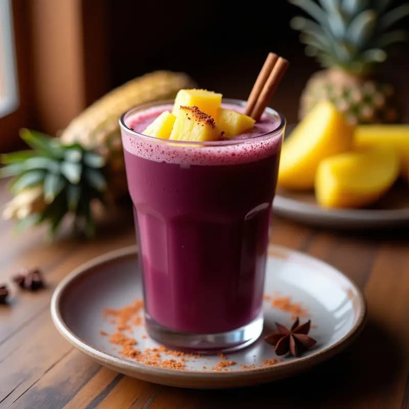 Vaso de barro rústico con Mochica Peruana de maíz morado y piña, espumosa y de color violáceo intenso, decorada con hojas de hierbabuena y rodajas de piña fresca, sobre una mesa de madera con especias al fondo.