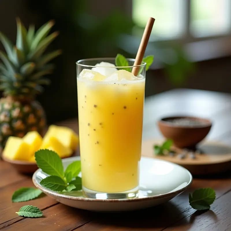 Vaso alto transparente con mochica de piña y chía, bebida colombiana tradicional sin azúcar, decorada con hojas de hierbabuena y hielo picado, con semillas de chía visibles en la superficie.