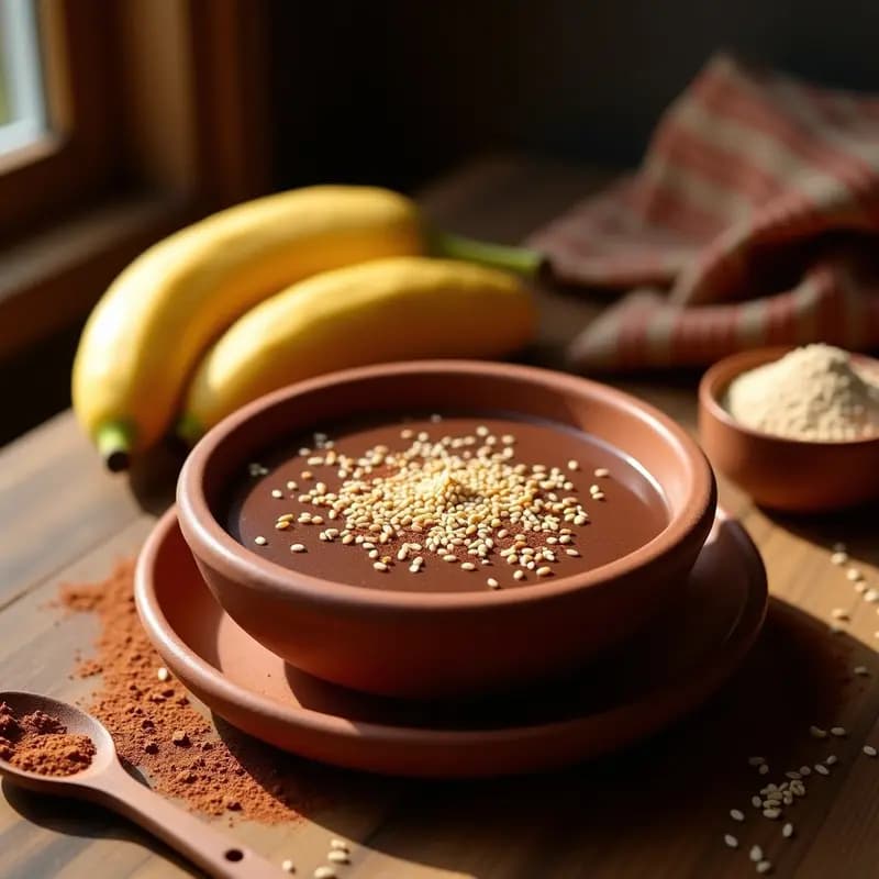 Tazón de barro rústico con Mochica de Plátano Macho y Cacao, bebida peruana espesa de color marrón oscuro, decorada con semillas de sésamo y un espolvoreado de canela, sobre una mesa de madera con cacao en polvo y plátanos macho al fondo.