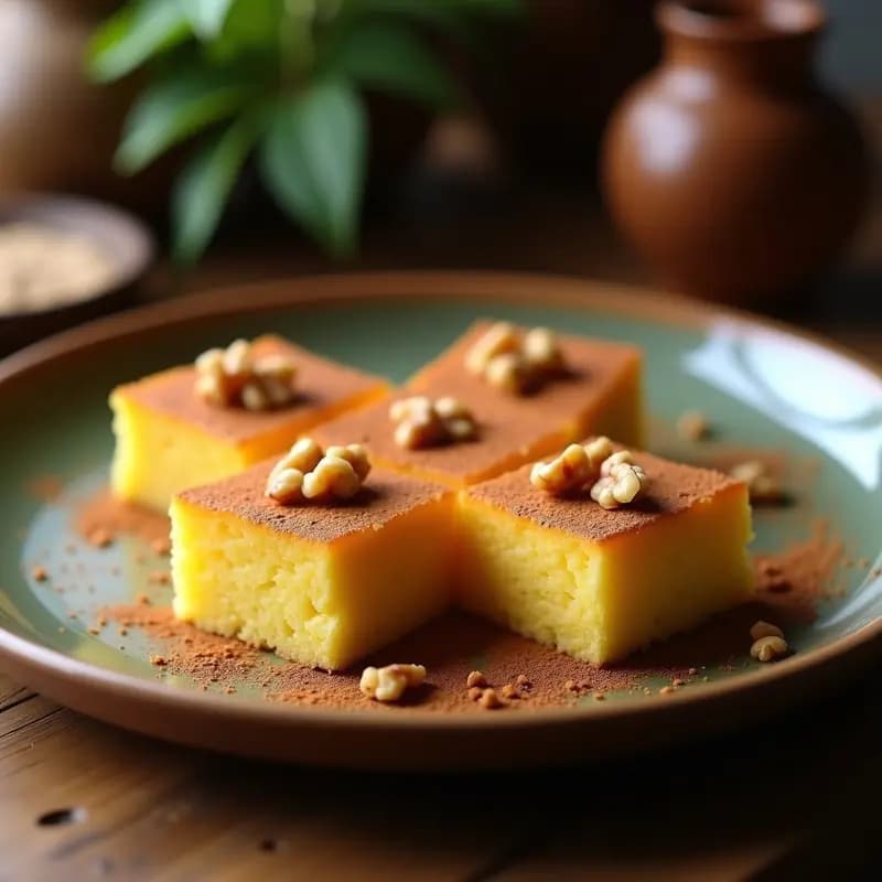 Mochica de plátano macho y canela keto con almidón de yuca servida en plato blanco, decorada con coco rallado y nueces picadas, fondo rústico con hoja de plátano.