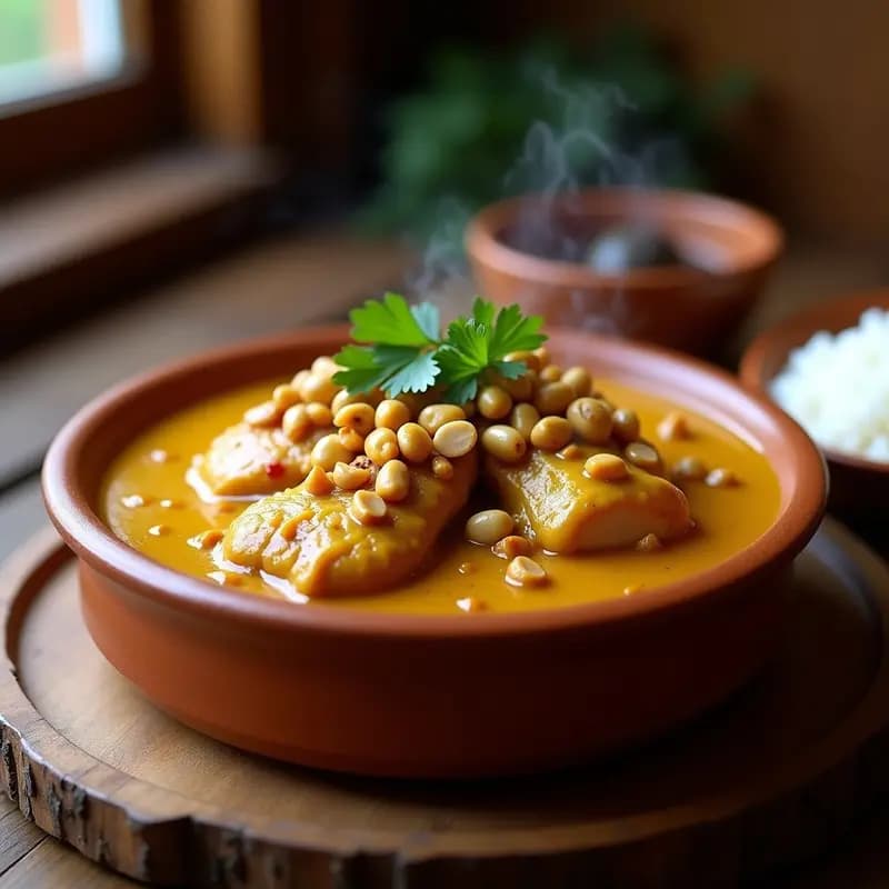 Plato hondo de barro con mochica de pollo y maní boliviana, salsa cremosa de maní sobre arroz blanco, acompañada de papas hervidas y espolvoreada con maní tostado crujiente y culantro fresco.