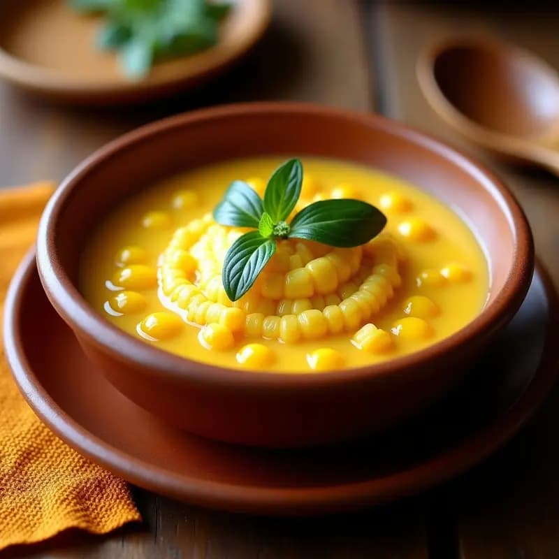 Postre peruano mochica de queso y choclo servido en un plato hondo de barro, con textura cremosa, trozos de choclo amarillo y queso desmenuzado, decorado con hojas de hierbabuena y un toque de canela en polvo.