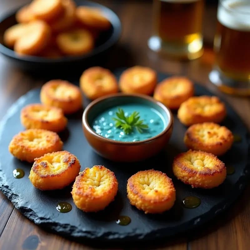 Plato de pizarra con mochicas de quinoa y cerveza negra doradas, crujientes por fuera y cremosas por dentro, acompañadas de una salsa espesa de queso azul vegano de color grisáceo. Decoración con copos de algas nori y hojas de cilantro fresco. Aperitivo peruano gourmet con contraste de texturas y sabores intensos.