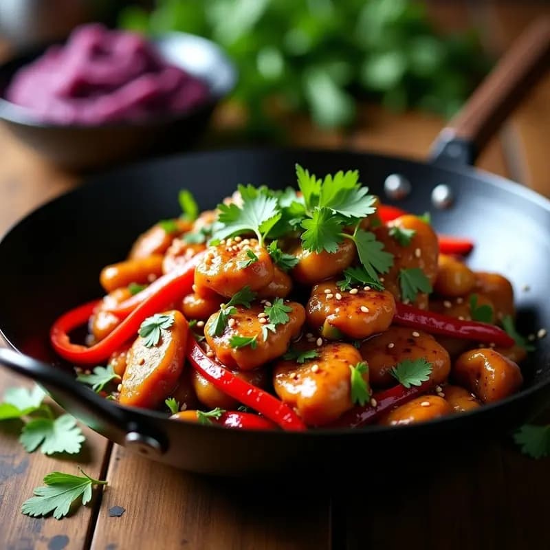 Wok negro con Mochika de Pollo al Cilantro, trozos de pollo dorado bañados en salsa umami espesa, decorado con hojas de cilantro fresco y semillas de sésamo tostado, servido sobre un lecho de arroz blanco.