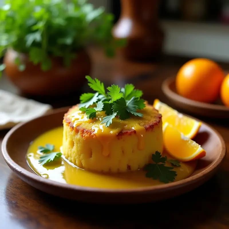 Mofongo puertorriqueño con bacalao desmenuzado y mojo criollo verde, servido en mortero de madera sobre mesa rústica con decoración caribeña.