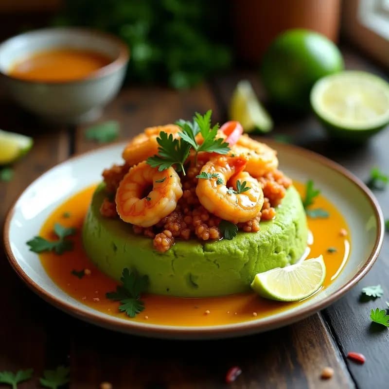 Plato hondo de barro con mofongo puertorriqueño vegano en forma de copa, relleno de camarones al ajillo de alcachofa y seitán crujiente, decorado con perejil fresco y algas nori sobre fondo rústico de madera.