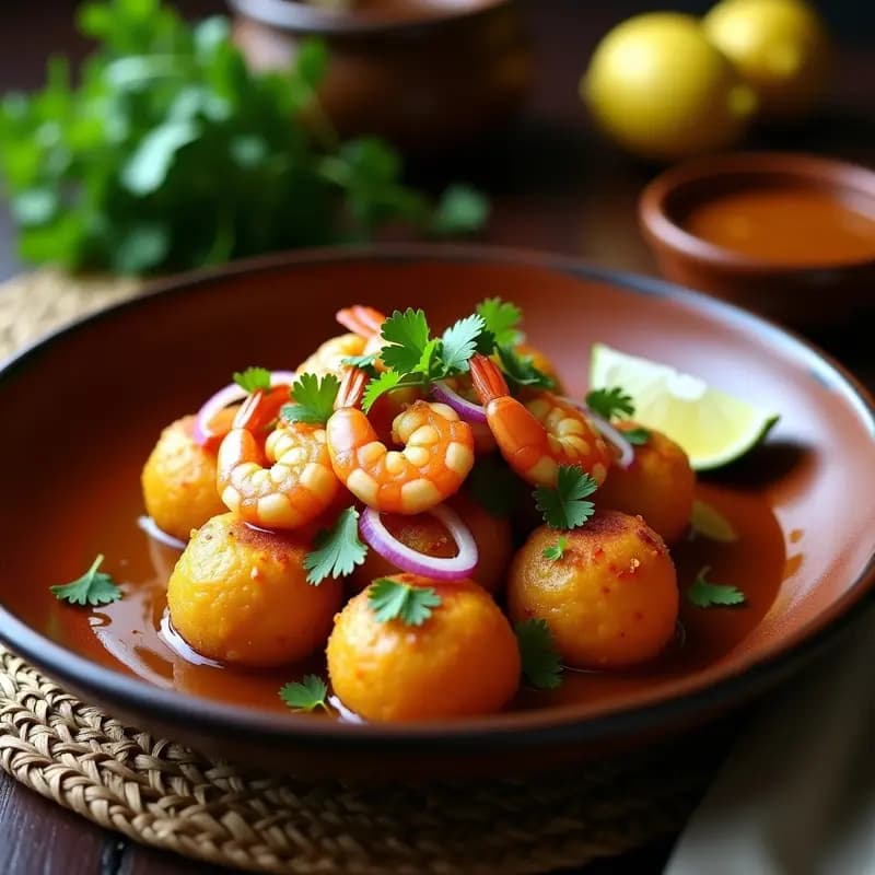 Plato hondo de barro con mofongo puertorriqueño dorado, camarones al ajillo bañados en salsa dorada con cilantro, decorado con rodajas de limón y hojas de culantro sobre fondo rústico de madera.