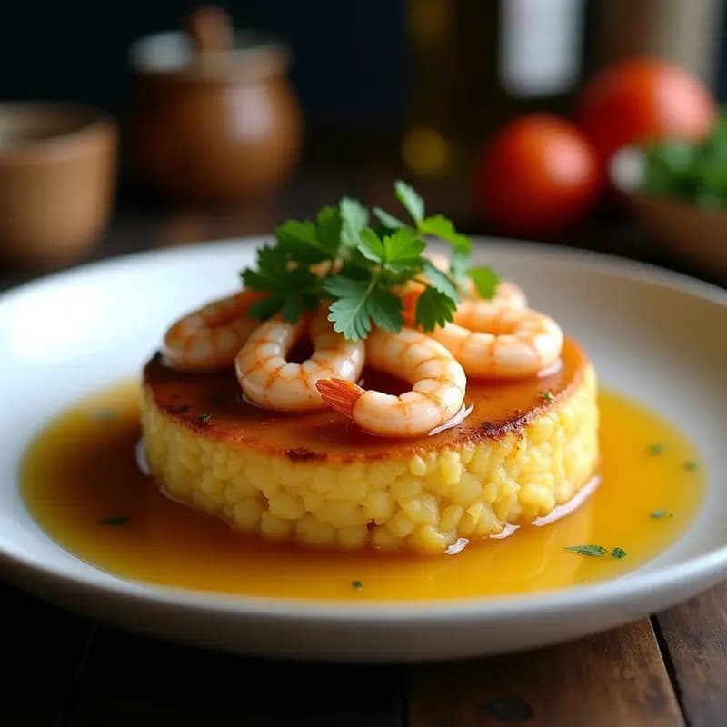Plato hondo de barro con mofongo político esponjoso de yuca, plátano verde y yautía, bañado en un caldo de mariscos dorado. Encima, camarones al ajillo brillantes con trozos de ajo y cilantro fresco. Presentación gourmet con mantequilla de ajo derretida al lado.