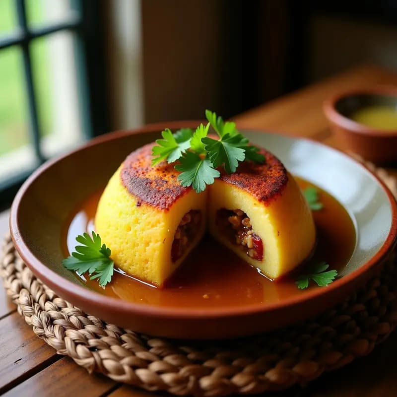 Mofongo de chayote y tocino vegano servido en plato de barro, con textura esponjosa y dorada, relleno de trozos de tocino vegano crujiente y chayote asado, decorado con cilantro fresco y jugo de limón verde, acompañada de caldo de verduras.