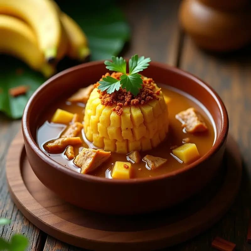 Plato hondo de barro con mofongo puertorriqueño dorado, bañado en caldo de pollo amarillo con azafrán, trozos de pollo desmenuzado, chicharrón crujiente y cilantro fresco. Receta auténtica y reconfortante.