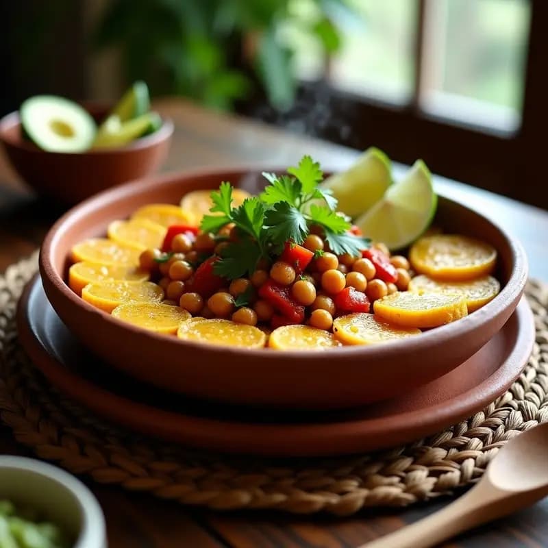 Plato de mofongo puertorriqueño vegano con garbanzos y plátano macho, servido en hoja de plátano, con textura esponjosa y relleno crujiente de garbanzos dorados, decorado con cilantro fresco y limón verde.