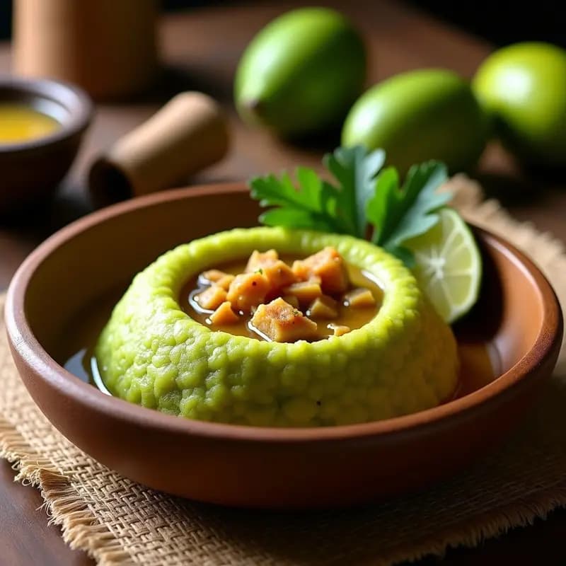 Plato tradicional puertorriqueño de mofongo con garnacha desmenuzada sobre una base de plátanos verdes triturados, bañado en caldo de pescado y decorado con culantro fresco y rodajas de limón.