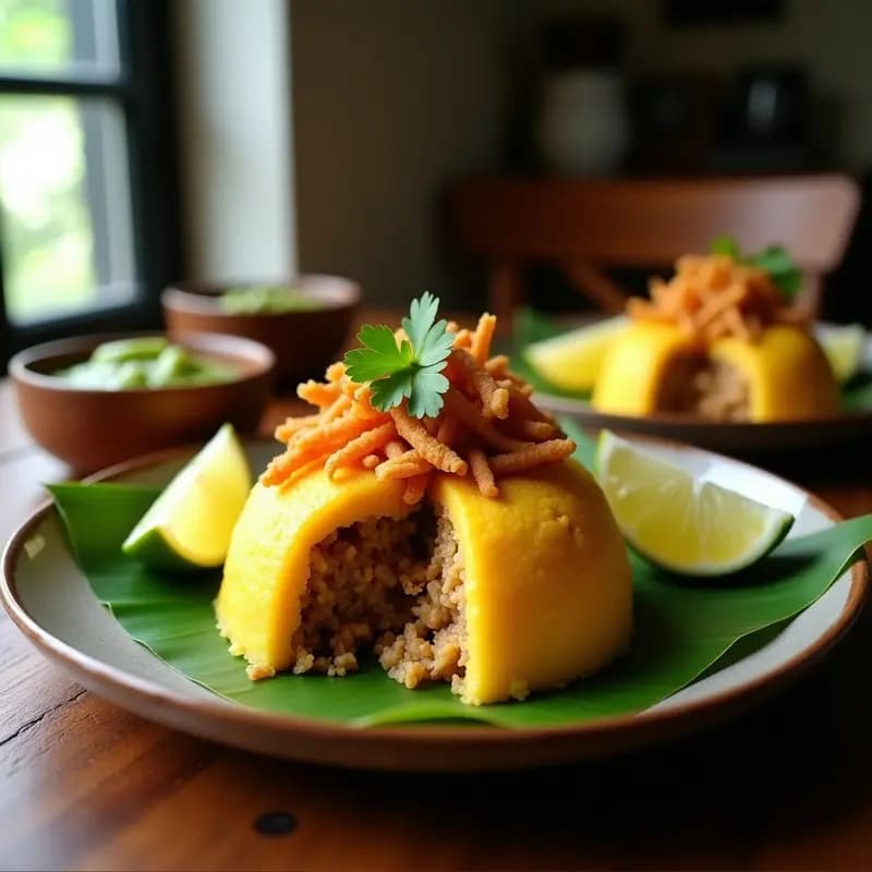 Plato de mofongo de ñame dorado relleno de chicharrón de jackfruit crujiente, servido en hoja de plátano con hierbas frescas y rodajas de limón verde. Receta puertorriqueña vegana y crujiente.