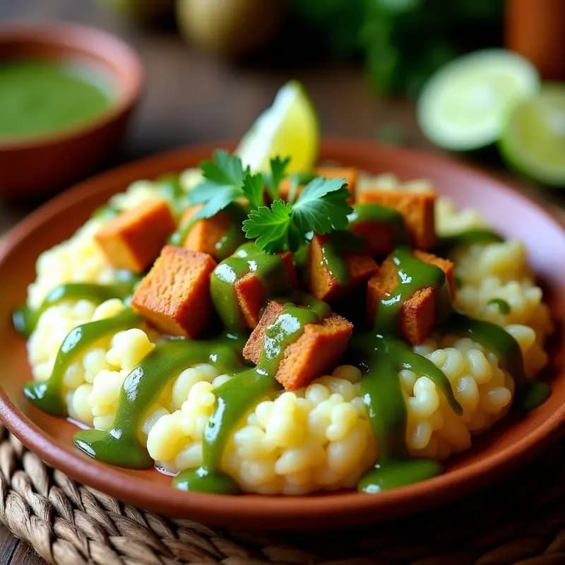 Plato de mofongo de ñame y tempeh vegano con mojo criollo, servido en mortero de madera sobre fondo rústico de madera oscura, con tempeh dorado y hierbas frescas.